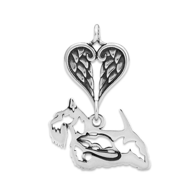 Scottish Terrier Sympathy Gift Pendant with Heart Shaped Angel Wing Pendant in Sterling Silver.