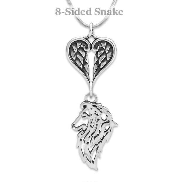 Shetland Sheepdog Sympathy Gift Necklace with Heart Shaped Angel Wing Pendant in Sterling Silver on Snake Chain.