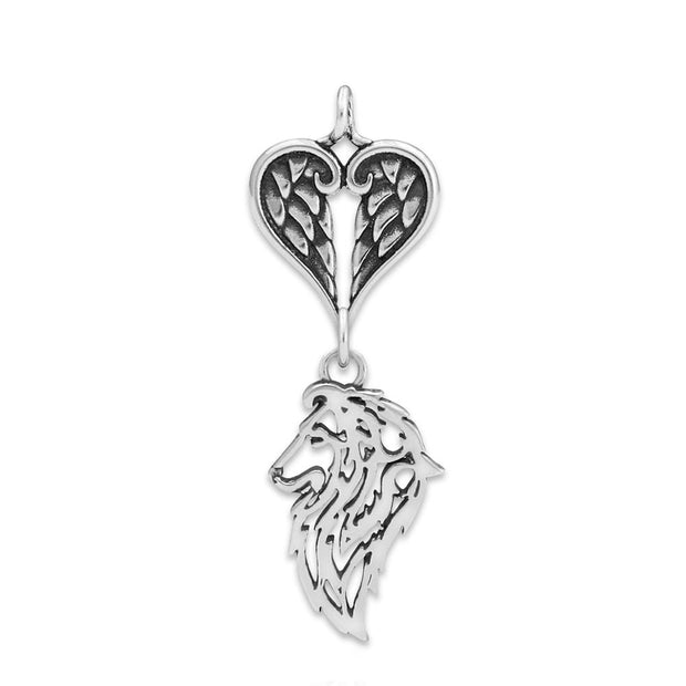 Shetland Sheepdog Sympathy Gift Pendant with Heart Shaped Angel Wing Pendant in Sterling Silver.