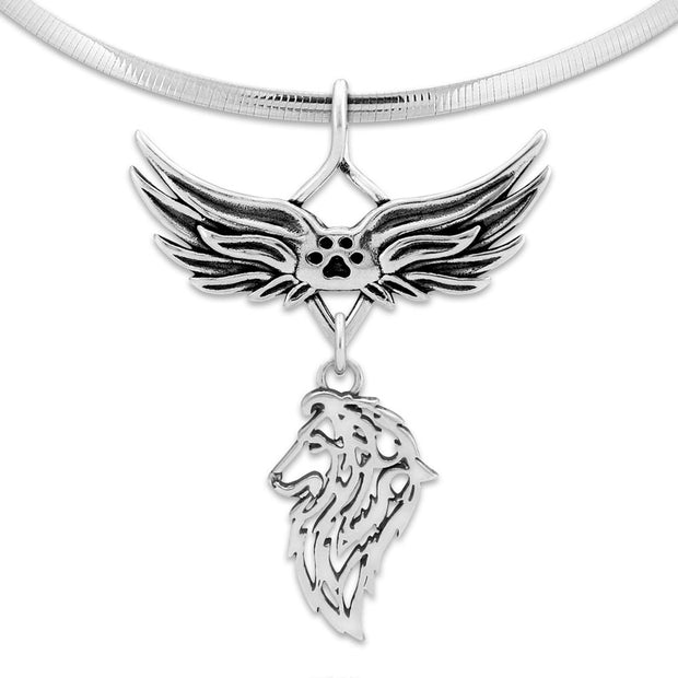 Shetland Sheepdog Pet Loss Necklace with Angel Wing Charm Holder with Paw Print in Sterling Silver on Omega Chain.