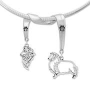 Shetland Sheepdog Necklace Head and Body Designs on Paw Print Charm Holder in Sterling Silver on Omega Chain.
