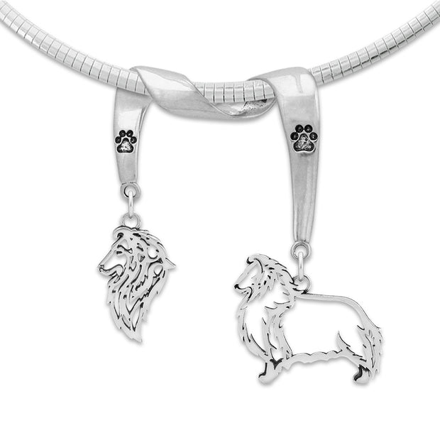 Shetland Sheepdog Necklace Head and Body Designs on Paw Print Charm Holder in Sterling Silver on Omega Chain.