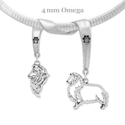 Shetland Sheepdog Necklace Head and Body Designs on Paw Print Charm Holder in Sterling Silver on Omega Chain.