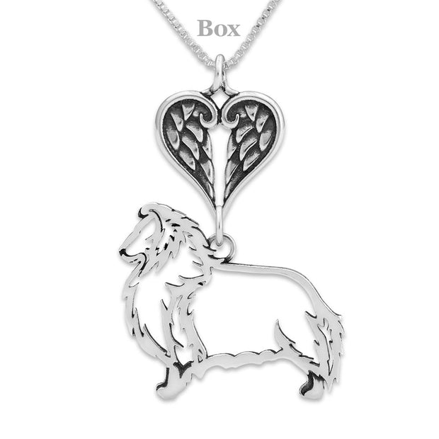 Shetland Sheepdog Sympathy Gift Necklace with Heart Shaped Angel Wing Pendant in Sterling Silver on Box Chain.