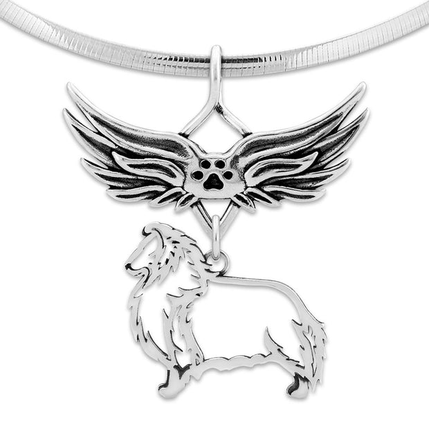 Shetland Sheepdog Pet Loss Necklace with Angel Wing Charm Holder with Paw Print in Sterling Silver on Omega Chain.