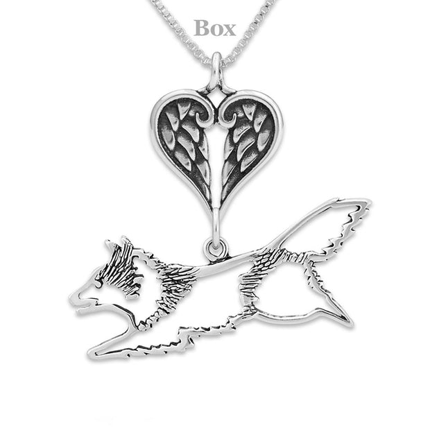 Shetland Sheepdog Sympathy Gift Necklace with Heart Shaped Angel Wing Pendant in Sterling Silver on Box Chain.