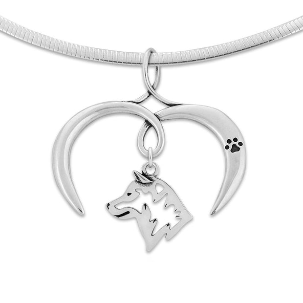 Shiba Inu Necklace with Open Heart Charm Holder with Paw Print in Sterling Silver on Omega Chain.