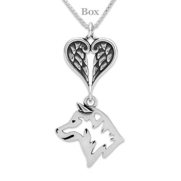 Shiba Inu Sympathy Gift Necklace with Heart Shaped Angel Wing Pendant in Sterling Silver on Box Chain.