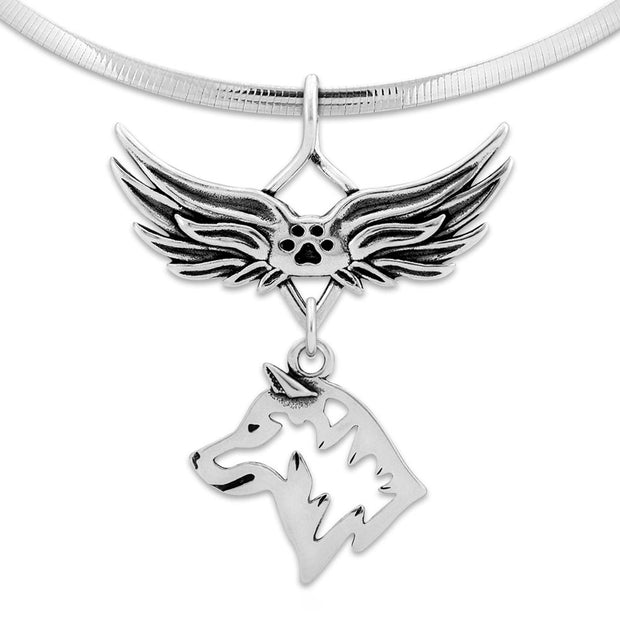 Shiba Inu Pet Loss Necklace with Angel Wing Charm Holder with Paw Print in Sterling Silver on Omega Chain.