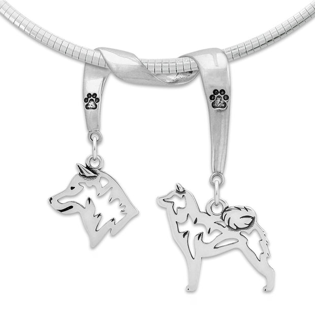 Shiba Inu Necklace Head and Body Designs on Paw Print Charm Holder in Sterling Silver on Omega Chain.