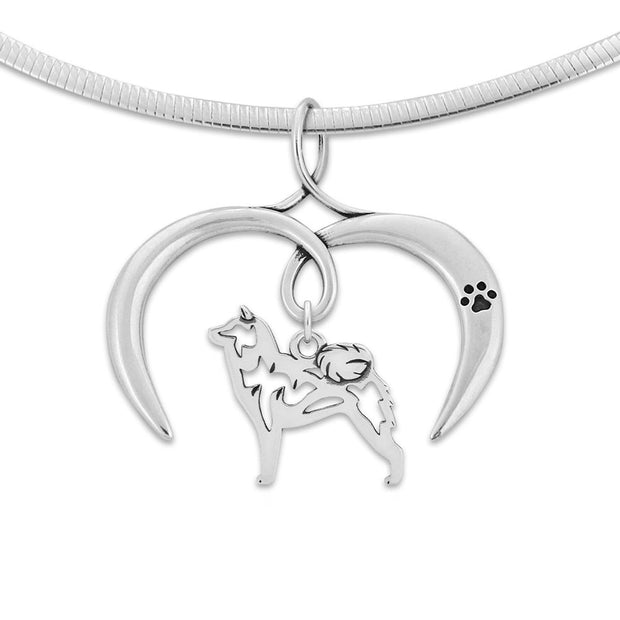 Shiba Inu Necklace with Open Heart Charm Holder with Paw Print in Sterling Silver on Omega Chain.