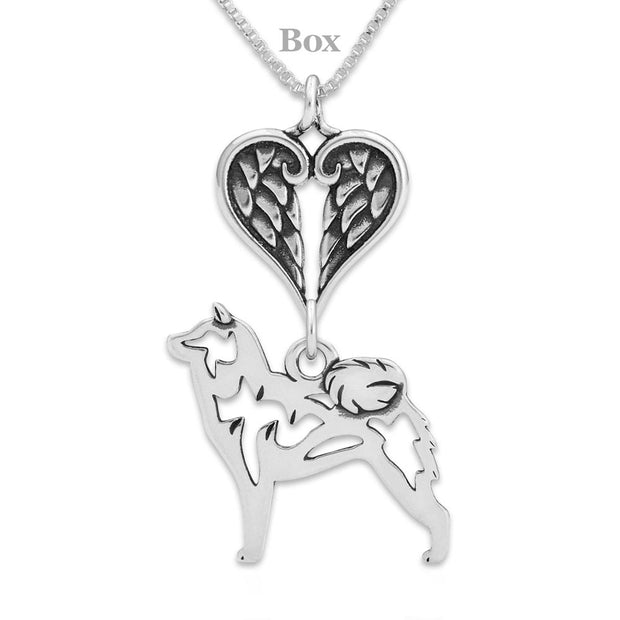 Shiba Inu Sympathy Gift Necklace with Heart Shaped Angel Wing Pendant in Sterling Silver on Box Chain.