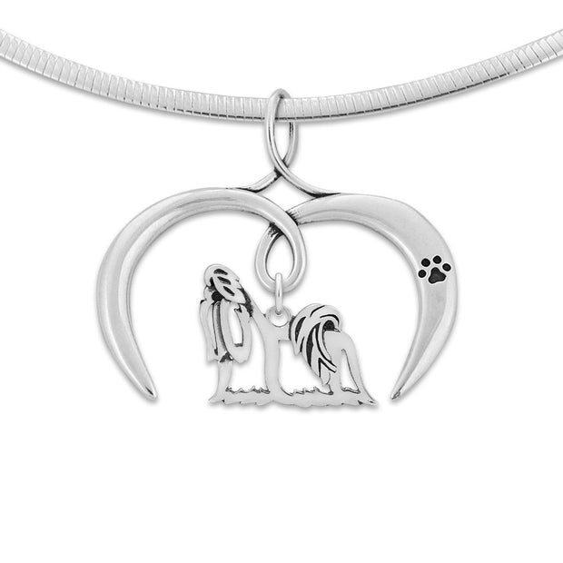 Shih Tzu Necklace with Open Heart Charm Holder with Paw Print in Sterling Silver on Omega Chain.