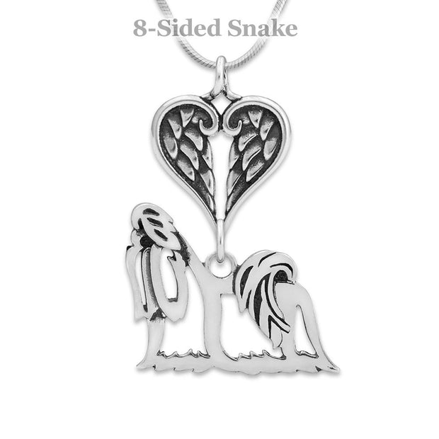 Shih Tzu Sympathy Gift Necklace with Heart Shaped Angel Wing Pendant in Sterling Silver on Snake Chain.