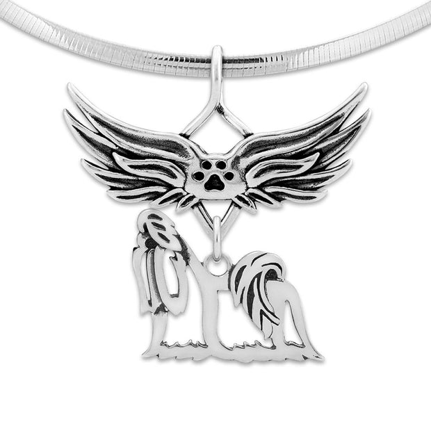 Shih Tzu Pet Loss Necklace with Angel Wing Charm Holder with Paw Print in Sterling Silver on Omega Chain.