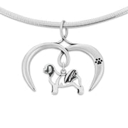 Shih Tzu Necklace with Open Heart Charm Holder with Paw Print in Sterling Silver on Omega Chain.
