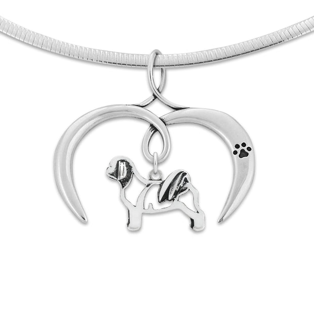 Shih Tzu Necklace with Open Heart Charm Holder with Paw Print in Sterling Silver on Omega Chain.