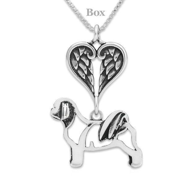 Shih Tzu Sympathy Gift Necklace with Heart Shaped Angel Wing Pendant in Sterling Silver on Box Chain.