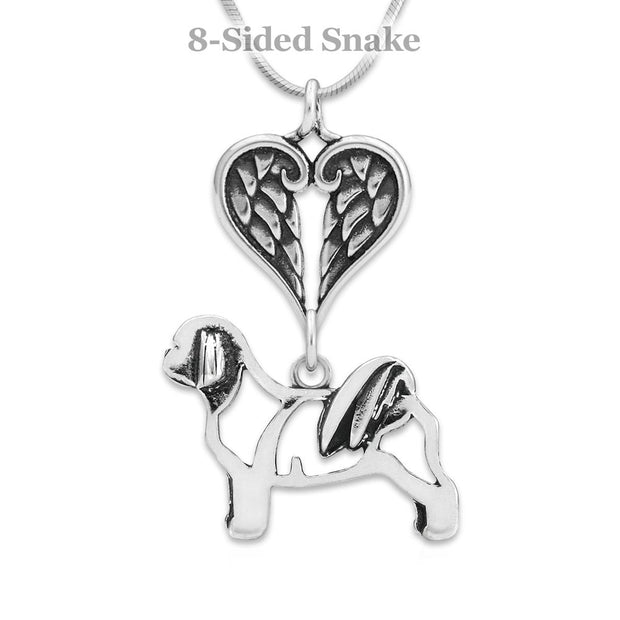 Shih Tzu Sympathy Gift Necklace with Heart Shaped Angel Wing Pendant in Sterling Silver on Snake Chain.