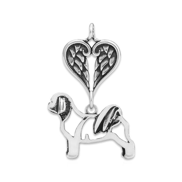 Shih Tzu Sympathy Gift Pendant with Heart Shaped Angel Wing Pendant in Sterling Silver.