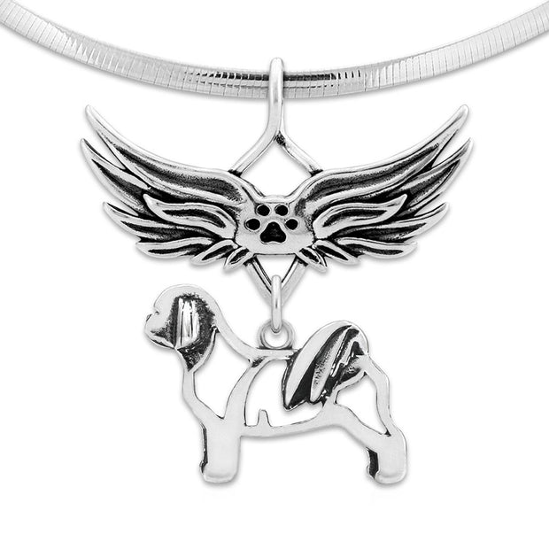Shih Tzu Pet Loss Necklace with Angel Wing Charm Holder with Paw Print in Sterling Silver on Omega Chain.