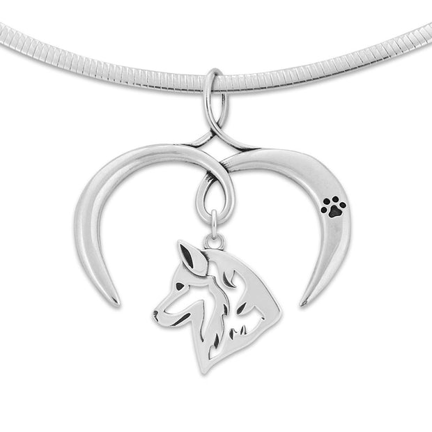 Siberian Husky Necklace with Open Heart Charm Holder with Paw Print in Sterling Silver on Omega Chain.