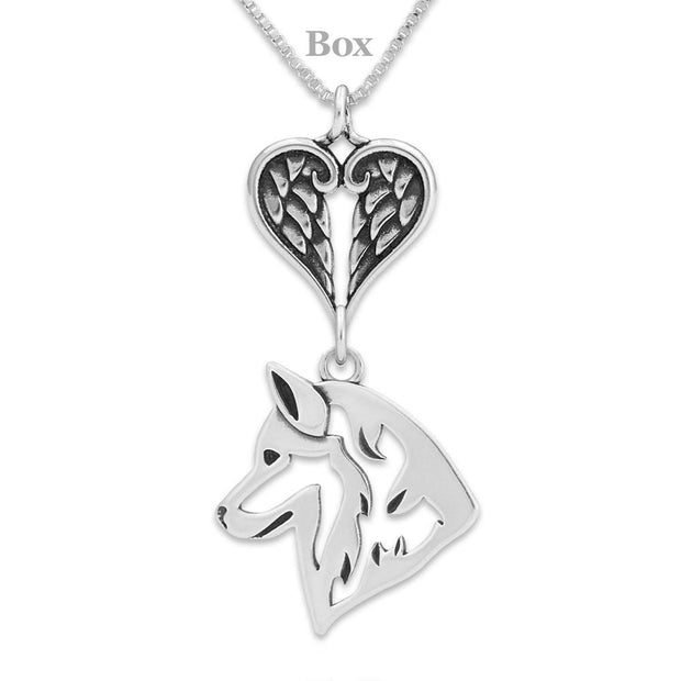 Siberian Husky Sympathy Gift Necklace with Heart Shaped Angel Wing Pendant in Sterling Silver on Box Chain.