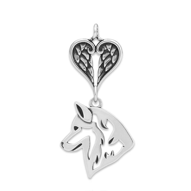 Siberian Husky Sympathy Gift Pendant with Heart Shaped Angel Wing Pendant in Sterling Silver.