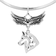 Siberian Husky Pet Loss Necklace with Angel Wing Charm Holder with Paw Print in Sterling Silver on Omega Chain.