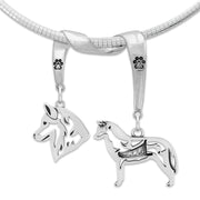 Siberian Husky Necklace Head and Body Designs on Paw Print Charm Holder in Sterling Silver on Omega Chain.