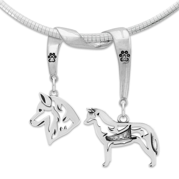 Siberian Husky Necklace Head and Body Designs on Paw Print Charm Holder in Sterling Silver on Omega Chain.