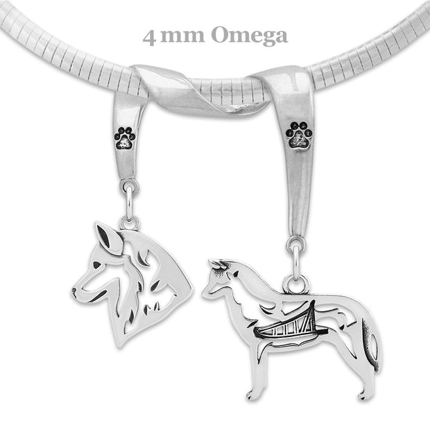 Siberian Husky Necklace Head and Body Designs on Paw Print Charm Holder in Sterling Silver on Omega Chain.