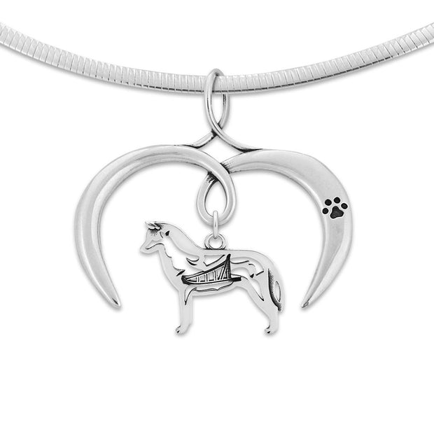 Siberian Husky Necklace with Open Heart Charm Holder with Paw Print in Sterling Silver on Omega Chain.