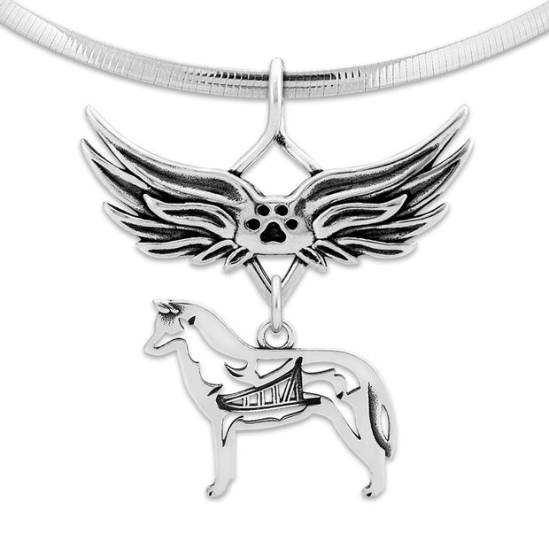 Siberian Husky Pet Loss Necklace with Angel Wing Charm Holder with Paw Print in Sterling Silver on Omega Chain.