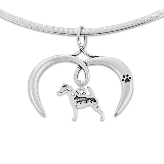 Smooth Fox Terrier Necklace with Open Heart Charm Holder with Paw Print in Sterling Silver on Omega Chain.