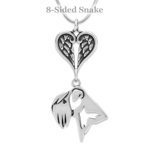 Soft Coated Wheaten Terrier Sympathy Gift Necklace with Heart Shaped Angel Wing Pendant in Sterling Silver on Snake Chain.