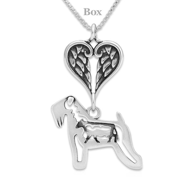 Soft Coated Wheaten Terrier Sympathy Gift Necklace with Heart Shaped Angel Wing Pendant in Sterling Silver on Box Chain.