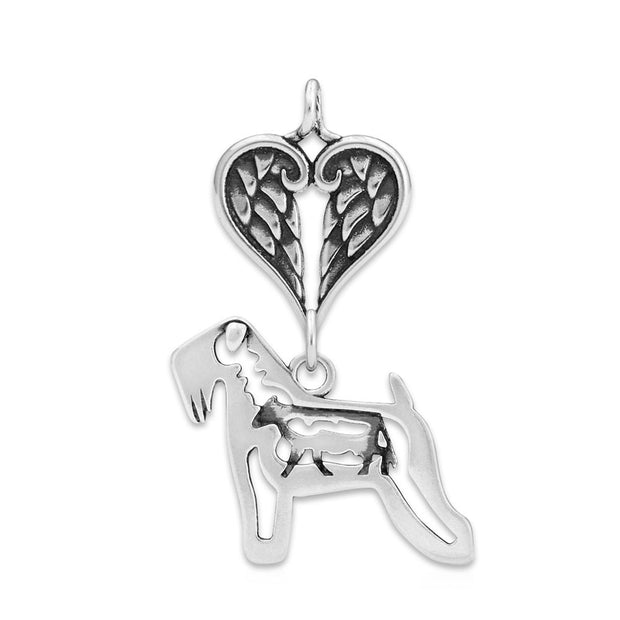Soft Coated Wheaten Terrier Sympathy Gift Pendant with Heart Shaped Angel Wing Pendant in Sterling Silver.