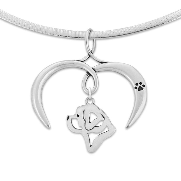 Saint Bernard Necklace with Open Heart Charm Holder with Paw Print in Sterling Silver on Omega Chain.