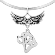 Saint Bernard Pet Loss Necklace with Angel Wing Charm Holder with Paw Print in Sterling Silver on Omega Chain.