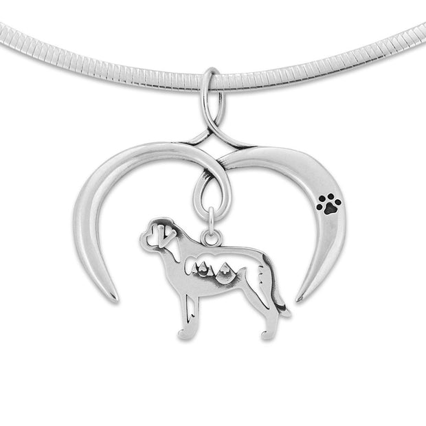 Saint Bernard Necklace with Open Heart Charm Holder with Paw Print in Sterling Silver on Omega Chain.