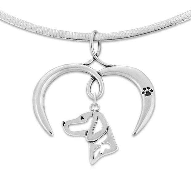 Vizsla Necklace with Open Heart Charm Holder with Paw Print in Sterling Silver on Omega Chain.