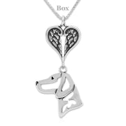 Vizsla Sympathy Gift Necklace with Heart Shaped Angel Wing Pendant in Sterling Silver on Box Chain.
