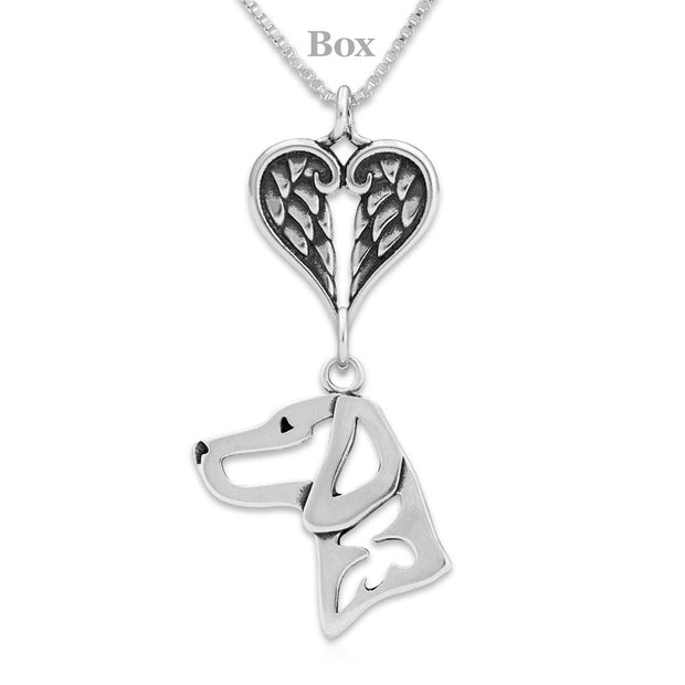 Vizsla Sympathy Gift Necklace with Heart Shaped Angel Wing Pendant in Sterling Silver on Box Chain.