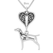Vizsla Sympathy Gift Necklace with Heart Shaped Angel Wing Pendant in Sterling Silver on Box Chain.