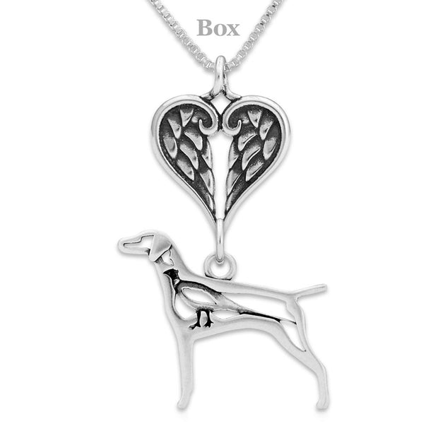 Vizsla Sympathy Gift Necklace with Heart Shaped Angel Wing Pendant in Sterling Silver on Box Chain.