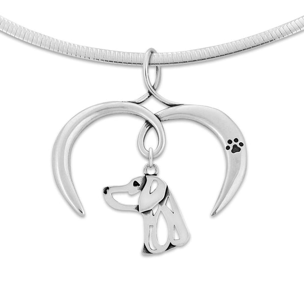 Weimaraner Necklace with Open Heart Charm Holder with Paw Print in Sterling Silver on Omega Chain.