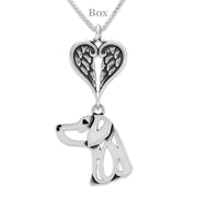 Weimaraner Sympathy Gift Necklace with Heart Shaped Angel Wing Pendant in Sterling Silver on Box Chain.