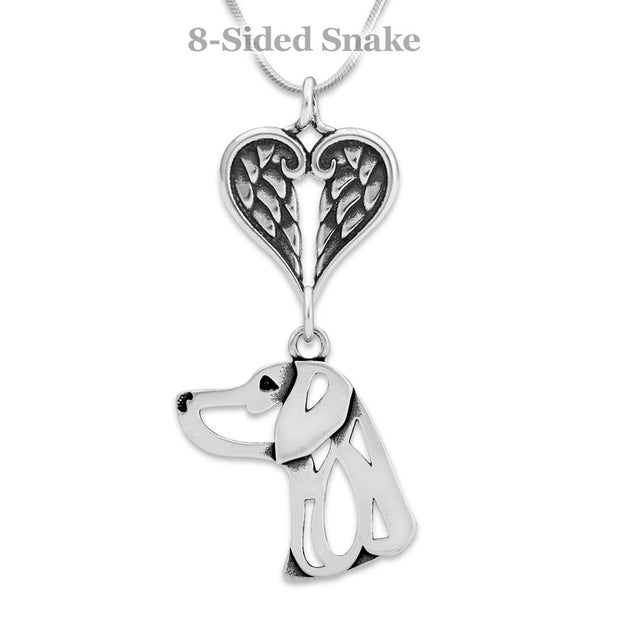 Weimaraner Sympathy Gift Necklace with Heart Shaped Angel Wing Pendant in Sterling Silver on Snake Chain.