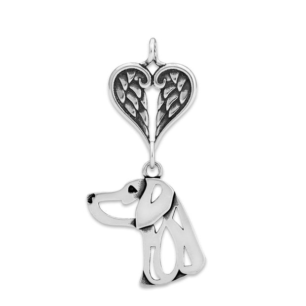 Weimaraner Sympathy Gift Pendant with Heart Shaped Angel Wing Pendant in Sterling Silver.